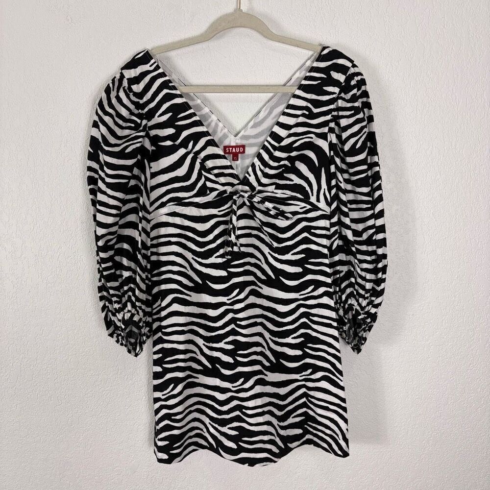 Staud Zebra Print Keshi V Neck 3/4 Length Sleeve Mini Dress Black & White XS